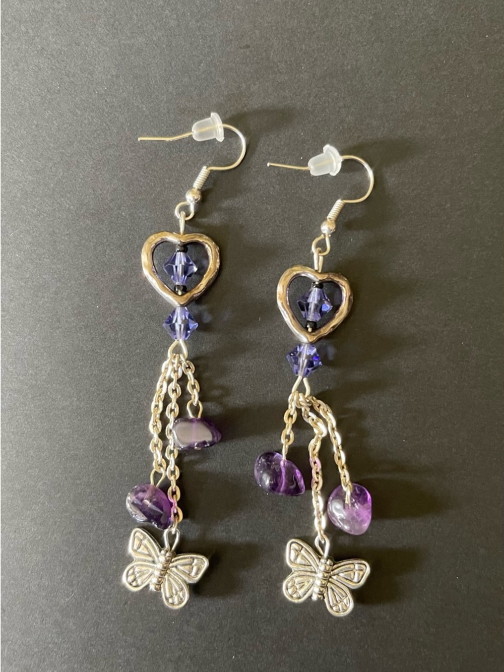 Handcrafted Purple Heart & Butterfly Dangle Earrings
